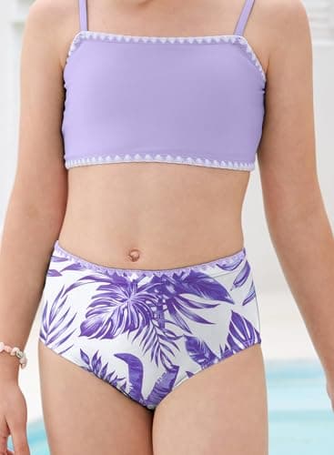 blibean Tween Girls Swimsuit Teen Two Piece Bathing Suit Big Kids Hawaii Bikini Sets Junior High Waist Swimwear Floral Boho Swimming Suits Beach Traje Baño Niñas Size 10-11 Year Old Lavender - Thumbnail 4