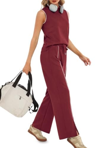 Casly Lamiit 2 Piece Sets for Women Casual Summer Mock Neck Sleeveless Tank Top Front Slit Pants Lounge Wear Wine Red S - Thumbnail 2