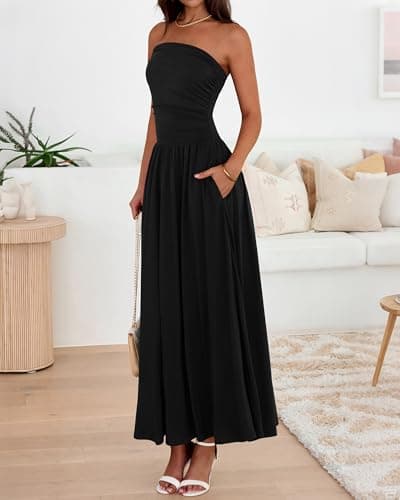 BTFBM Summer Maxi Dresses for Women 2026 Strapless Ruched Tube Top Beach Vacation Spring Wedding Guest Dress Pockets (Black, X-Large) - Thumbnail 5
