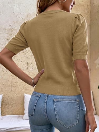 LaGracia Womens Cropped Sweater Puff Short Sleeve Spring Summer Work Tops Crew Neck Sweaters Khaki 2XL - Thumbnail 3