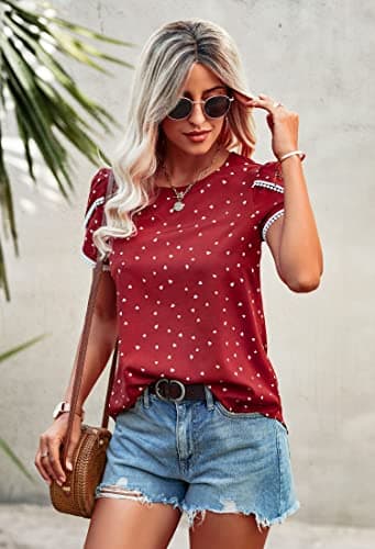 Angashion Women's Tops Casual Floral Print Lace Crochet Short Sleeve Crewneck Summer Loose Blouse Shirt Tunic Top Red White L - Thumbnail 4