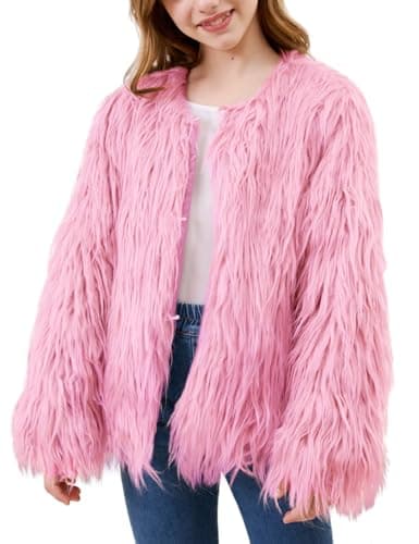 Yimoon Girls Faux Fur Coat Open Front Furry Coats Long Sleeve Parka Shaggy Jacket Winter Warm Fluffy Outerwear 4-12 Years(Pink,140) - Image 1