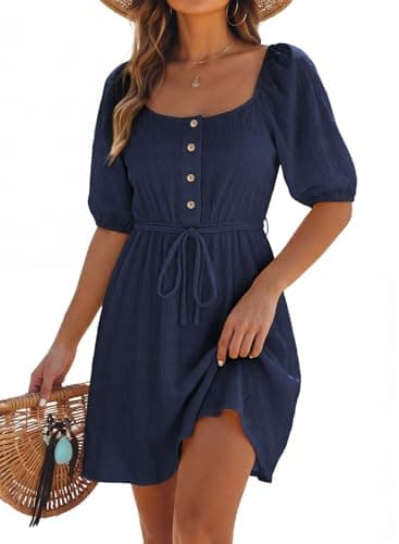 Dokotoo Graduation Dress Lantern Sleeve Square-Neck Summer Fashion Textured Tie Waist Backless Button Dress Elegant A Line Sundress for Women Blue Large - Image 1