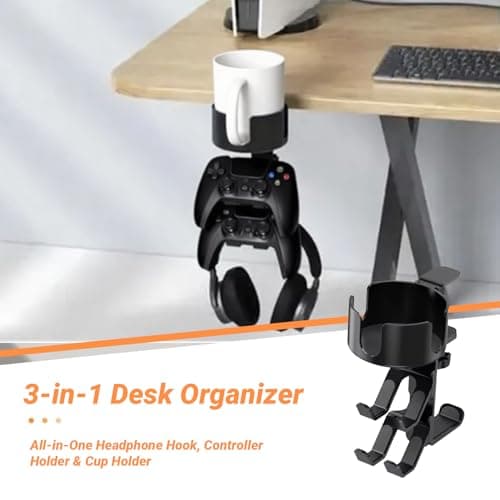 360° Rotating Controller & Headphone Holder - Adjustable Desk Cup Holder with Clamp-On Organizer | Gaming PC Desk Accessories - Thumbnail 3