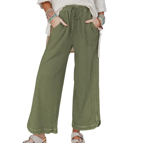 Ainangua Women's Casual Wide Leg Pants High Waist Acid Wash Baggy Palazzo Pants Athletic Lounge Trousers with Pockets(Army-Green,XL) - Image 1