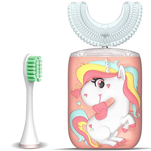 KRX Kids Toothbrush Electric, U Shaped Ultrasonic Automatic Toothbrush with 2 Brush Heads, Six Cleaning Modes, Cartoon Modeling Design for Kids, Special for Birthday Gift (Pink, Kids 2-7)