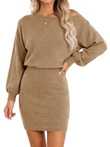 Wenrine Women Off the Shoulder Sweater Dress Long Sleeve Knit Mini Dresses - Image 1