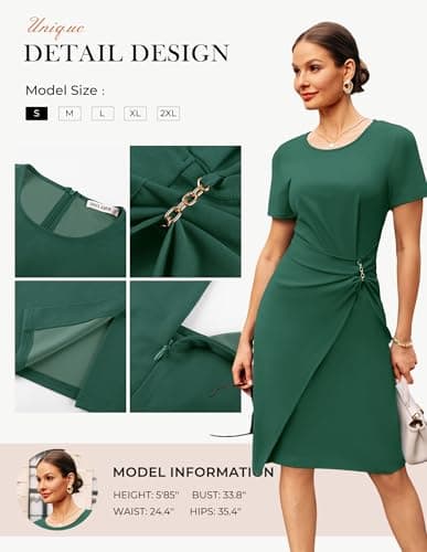 GRACE KARIN Work Dresses for Women 2026 Short Sleeve Sheath Business Dress Ruched Bodycon Office Cocktail Dress Dark Green S - Thumbnail 3