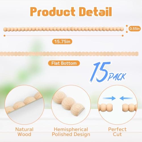 COMTAR Half Bead Wood Decorative Trim Molding 15pcs- 17 Inch Unfinished 3D Decorative DIY Drawer Front Cabinet Trim for Home, Wall, Shelf, Window, Door Decor (14mm) - Thumbnail 2