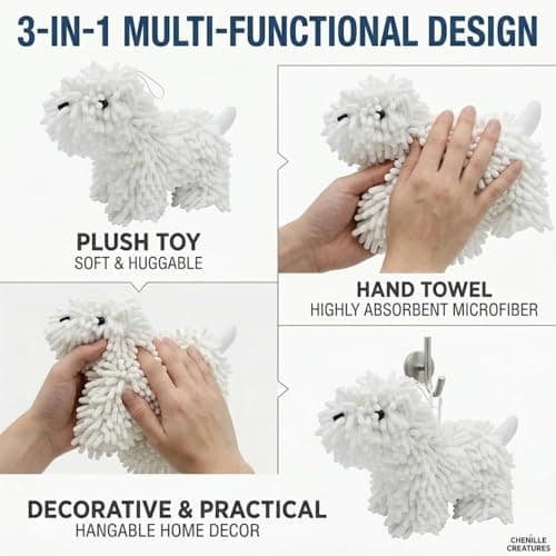 Cute Dog Chenille Hand Towel, 3D Puppy Hangable Fuzzy Ball Hand Towel Microfiber Super Soft Absorbent Bathroom & Kitchen Towels with Hanging Loop, Can Be Placed on the Sink Countertop (White & Pink) - Thumbnail 6