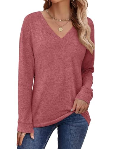 JUSTFASHIONNOW Shirts for Women V Neck Long Sleeve Tunic Tops Business Casual Blouses Ladies Plus Size T Shirts Lightweight Dressy Sweaters Winter Tops (Red,Large) - Thumbnail 4