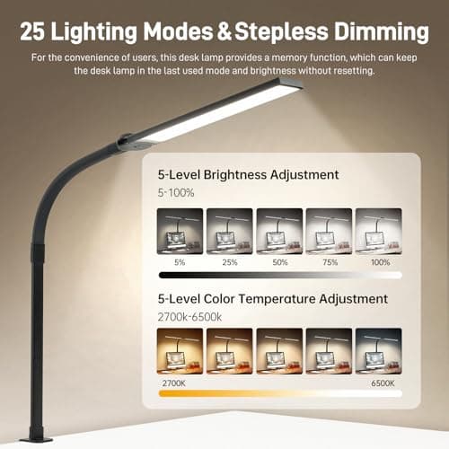 LED Desk Lamp for Home Office, Eye-Caring Desk Light with Clamp, 15W Double Head Architect Task Lamp Stepless Dimming, Flexible Gooseneck Bright Table Lamp for Study Reading Workbench Drafting - Thumbnail 3