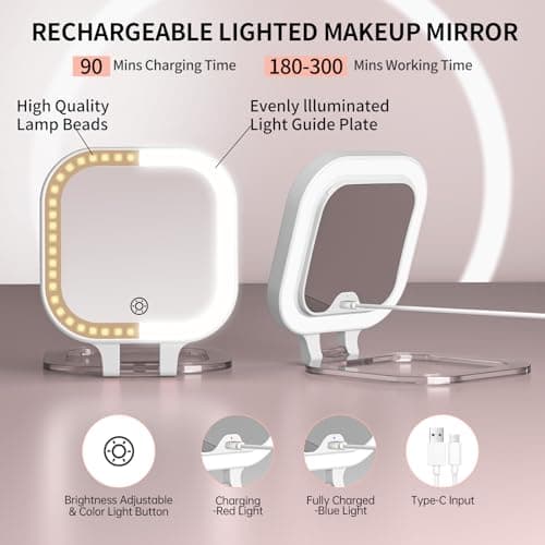 FUNTOUCH Rechargeable Travel Makeup Mirror, 30X/1X Rechargeable Double Sides Magnifying Mirror with 3 Light Settings & Adjustable Brightness,Compact Mirror with PU Bag Valentine's Day Gift, White - Thumbnail 3