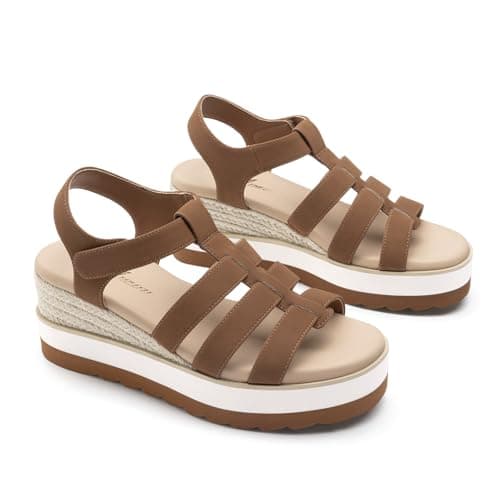 Athlefit Espadrille Low Wedge Sandals for Women Comfortable Casual Open Toe Platform Sandals for Summer Beach Vacation Brown, Size 8, SAPS2612W - Thumbnail 6