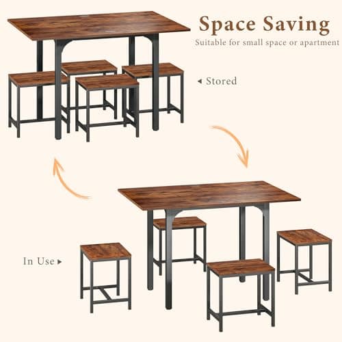 HUAHUU Dining Table Set for 4, Extendable Kitchen Table Chairs Set of 4, Rectangle Dining Table with Metal Frame & MDF Board, Folding for Small Apartment Saving Space, Rustic Brown - Thumbnail 3