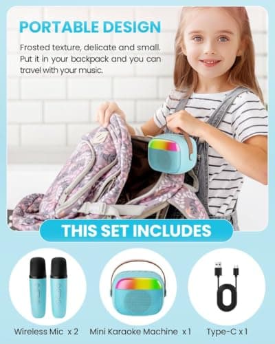 Mini Karaoke Machine for Kids, Toy for Girls Portable Bluetooth Speaker with 2 Wireless Microphones, Fashion Toy Gifts for Christmas Birthday, for 3 4 5 6 7 8+ Year Old Girls Gifts(Blue) - Thumbnail 6