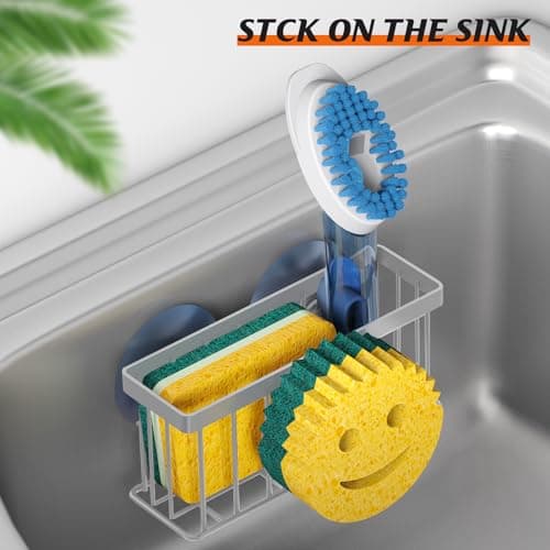 MURLONG Sponge Holder Smiley Face,Sink Caddy,Kitchen Organizer with 2 Suction Cups/1 Adhesive Strips,Designed for Sponge,Soap,Dish Brush,Scrubber - Gray - Thumbnail 5