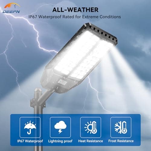 Deepn 10000W Solar Street Lights Outdoor, Commercial Solar Lights with Motion Sensor Outdoor Lighting & Dusk to Dawn Flood Light, IP67 Waterproof LED Lights for Yard, Street, Parking Lot, 2 Pack - Thumbnail 6