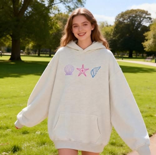 jnospne Cute Embroidered Hoodies for Teen Girls Women Y2k Graphic Oversized Sweatshirt Long Sleeve Aesthetic Preppy Clothes Beige - Thumbnail 2
