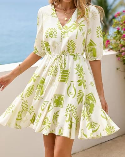 BTFBM Women Summer Spring Floral Boho Dress 2026 V Neck Short Sleeve Ruffle Beach Vacation Clothes Wedding Guest Dresses(Floral Apricot Green, Medium) - Thumbnail 6