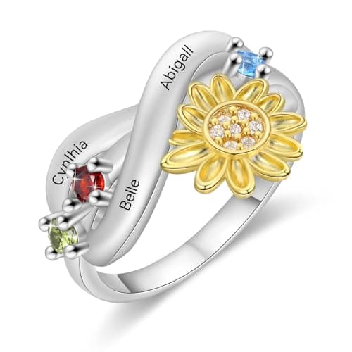 Personalized Mothers Ring with 2-4 Birthstones, Custom Name Sunflower Ring for Women Engagement Wedding Promise Birthstone Ring Mothers Day Christmas Birthday Gifts for Mom Grandma Wife (Sliver-3Stones, 8)
