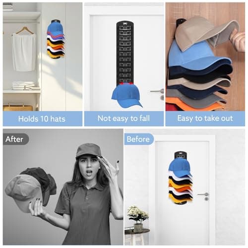 Dntorx Hat Organizer for Baseball Caps, 2 Pack Hat Rack for Wall Hold up to 20 Hats Adhesive Hat Hooks Stand Hat Hanger Organizer Storage Holder Display for Door Closet Bedroom - Thumbnail 5