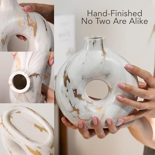 Modern Ceramic Donut Vase Set of 2 - Boho Design White and Gold Marble Pattern Vases for Flowers and Pampas - Elegant Home Decor Centerpieces for Coffee Tables - Entryways - Dining and Living Rooms - Thumbnail 4