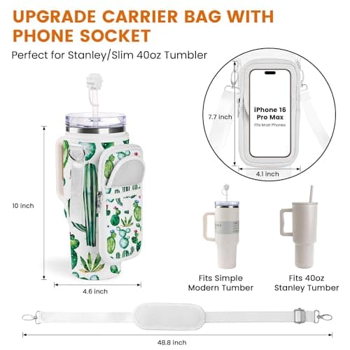 BOCMTR Water Bottle Holder with Strap for Stanley 30/40 oz Tumbler, Fashion Stanley Cup Bag with Big Phone Pocket, Silicone Boot, Straw Cover & Leak Proof Stoppers (Cactus) - Thumbnail 3