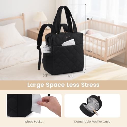 LOVEVOOK Diaper Bag Backpack,Diaper Bag Tote for Mom Dad with Changing Pad,Insulated Pockets, Convertible Lightweight Mom Backpack with Pacifier Case（Black） - Thumbnail 5