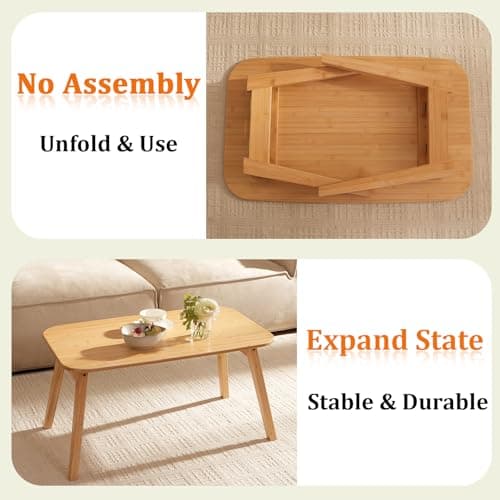 Baveke Coffee Table Foldable Mid Century Desk TV Stand with Open Storage Shelf Center Table for Living Room Furniture RV No Assembly, Natural (31.5IN) - Thumbnail 6