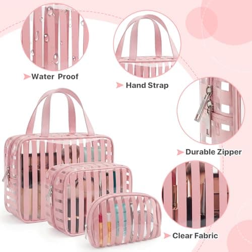 Edelefas 3 Pack Clear Pink PVC Travel Toiletry Bags - TSA Approved Waterproof Makeup Organizer Set with Handle, Striped Cosmetic Pouches for Airplane Gym and Daily Use - Thumbnail 2