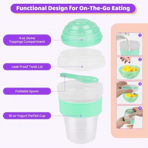 Torchero Yogurt Parfait Cups with Lids Reusable - 4 Pack 20 oz Overnight Oats Containers with Lids Folding Spoons Granola Topper, Cereal Salad Jars for Oatmeal Chia Pudding Meal Prep - Thumbnail 6