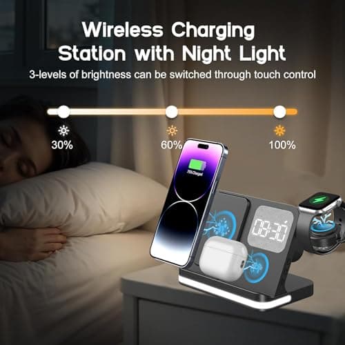 Wireless Charger, 4 in 1 Charging Station for Apple, Wireless iPhone Charging Stand for Bedrooms with Bedside Clock Night Light for iPhone 17 16 15 14 13 12 11 Pro Max, Watch and Airpods - Thumbnail 4