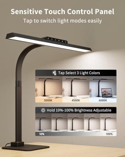 24W LED Desk Lamp, 112 High-Bright Eye-Caring Architect Light, 3000K-6000K Stepless Dimmable Touch Control, Weighted Metal Base, Auto-Dimming & Memory Function for Home Office, Reading, Gaming, Black - Thumbnail 2
