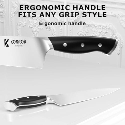 KOSROR Kitchen Knife Set with Block: 15-Piece German Stainless Steel with Dual Sharpener for Beginners - Covers 95% Kitchen Tasks - Black Full-Tang Ergonomic Handle, Dishwasher Safe, Easy to Use - Thumbnail 4
