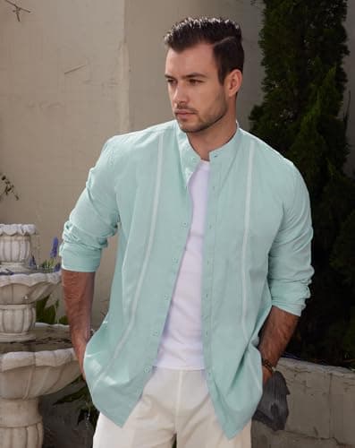 JEKAOYI Mens Linen Shirts Long Sleeve Button Down Shirts Business Dress Clothing Beach Vacation Summer Tops Mint Blue - Thumbnail 3