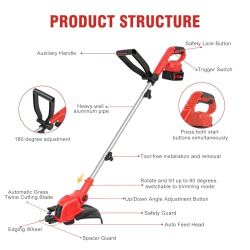 21V Electric Weed Wacker & Lawn Edger, Cordless Weed Eater with 2x4.0Ah Battery Powered, 12" Auto Line Feed String Trimmer with 10 Pcs Spools and Fast Charger, Lightweight Edger Lawn Tool for Yard - Thumbnail 2