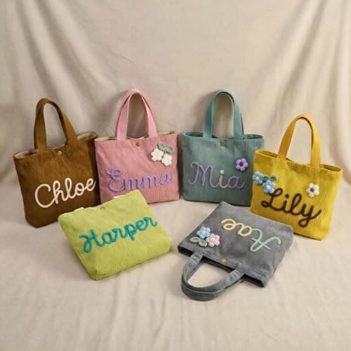 Personalized corduroy handbag, casual shoulder bag with custom name/letter patterns. Durable cotton travel bag, ideal gift for bridesmaids, teachers, and for Christmas, birthdays or honeymoons. - Thumbnail 6