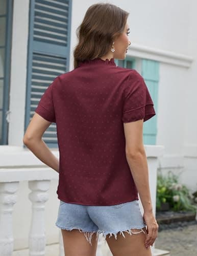 Aprolive Women Dressy V Neck Blouses Butterfly Ruffle Short Sleeve Shirts Cute Dressy Swiss Dot Trendy Tunic Top (Burgundy, XXL) - Thumbnail 4