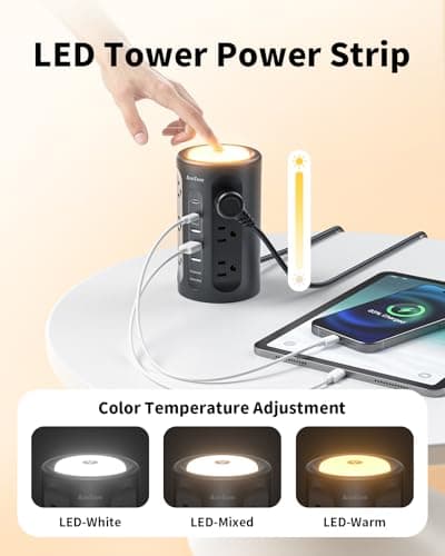 AnnTane Power Strip Tower with Night Light, Power Strip Surge Protector with USB Ports, Extension Cord 10 FT with Multiple Outlets (12AC+3A+2C) for Home Office Desk DormRoom (Black) - Thumbnail 4