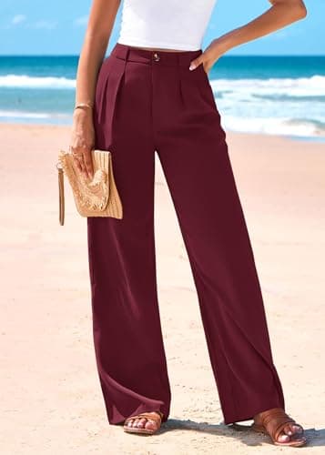 KIRUNDO Wide Leg Dress Pants for Women High Waisted Office Work Trousers Business Casual Slacks Button Flowy Palazzo Pant(Burgundy, XX-Large) - Thumbnail 2