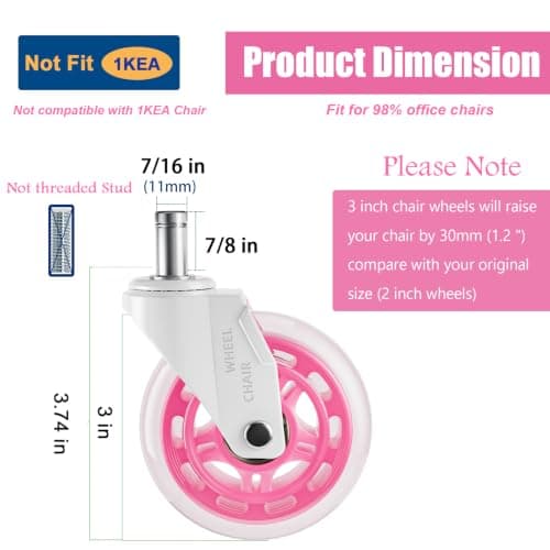 TESUMI Pink Office Chair Wheels 3" Roller Blade Rubber Chair Casters Replacement, Heavy Duty Quiet No Scratch Gaming Chair Wheel for Hardwood Floor Carpet, Set of 5, 11mm Universal Fit/Not for 1KEA - Thumbnail 3