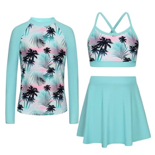 Seanrui Rash Guard for Girls Swimsuit Mermaid 3 Piece Bathing Suit with Long Sleeve Swim Shirt 5-6Y Green Coconut Tree - Image 1