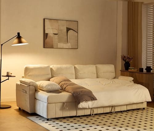 Tbfit 108'' Pull Out Sofa, Cloud Sleeper Sofa Bed with USB & 2 Storage Chaises, Comfy Oersized U Shaped Convertible Sectional Sleeper Couches for Living Room, Apartment, Office, White Sherpa - Thumbnail 3