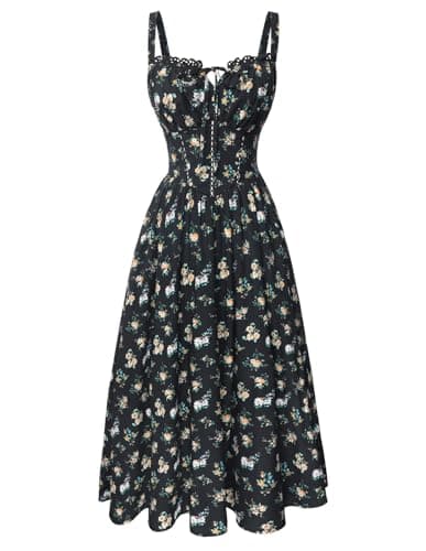 Scarlet Darkness Women 2026 Floral Corset Dress Summer Milkmaid Sundress Wedding Guest Dresses with Pockets Midnight Daisies XL - Image 1
