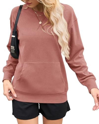 AUSELILY Women's Crewneck Hoodless Sweatshirt Oversized Long Sleeve Pullover Tops with Pockets 2026 New X Decoration Orange Pink Large - Image 1