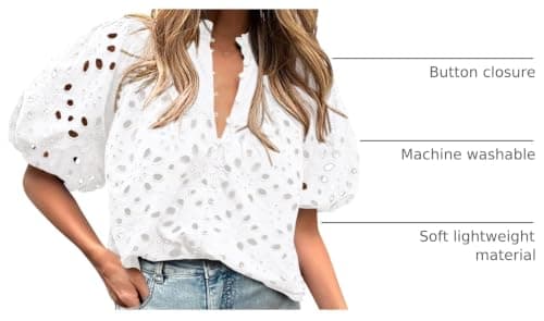 BTFBM Womens Blouses Summer Hollow Out Eyelet Embroidery Tops V Neck Buttons Puff Sleeve Boho Shirts Spring Fashion 2026(White, Large) - Thumbnail 4