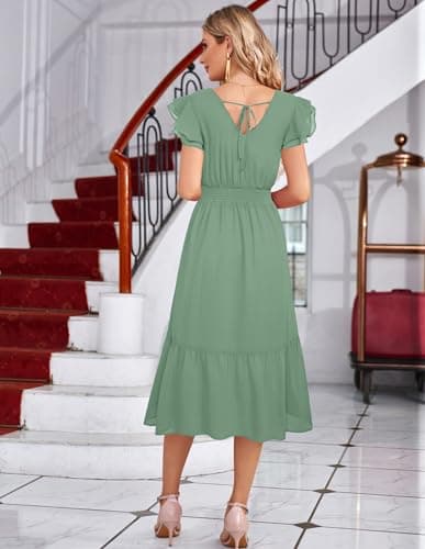 GRACE KARIN 2026 Womens Summer Dresses V Neck Ruffle Sleeve Floral Boho Beach A-Line Dress Sage Green-Solid XX-Large - Thumbnail 3