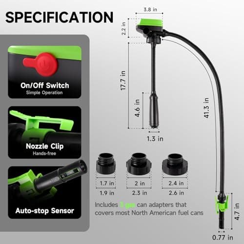 Fuel Transfer Pump with Auto Stop Sensor(3.2 GPM) Compatible with DeWalt DCB20 & Milwaukee M18 Batteries(Not Included), Portable Fuel Pump, 41" Hose Gas Can Pump for Diesel, Gasoline, 3 Tank Adapters - Thumbnail 2