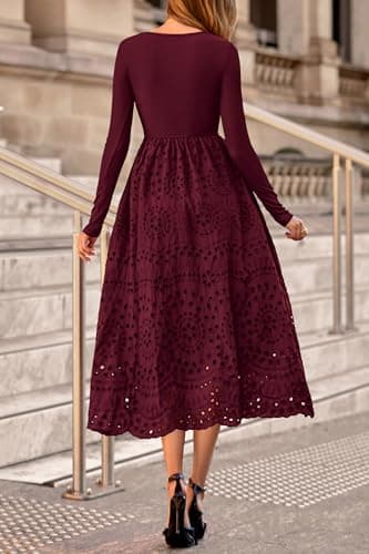 dowerme Women Spring Dresses 2026 Casual Long Sleeve Crewneck A-Line Boho Eyelet Cotton Maxi Wedding Guest Dress Pockets(Dark Red,Small) - Thumbnail 5